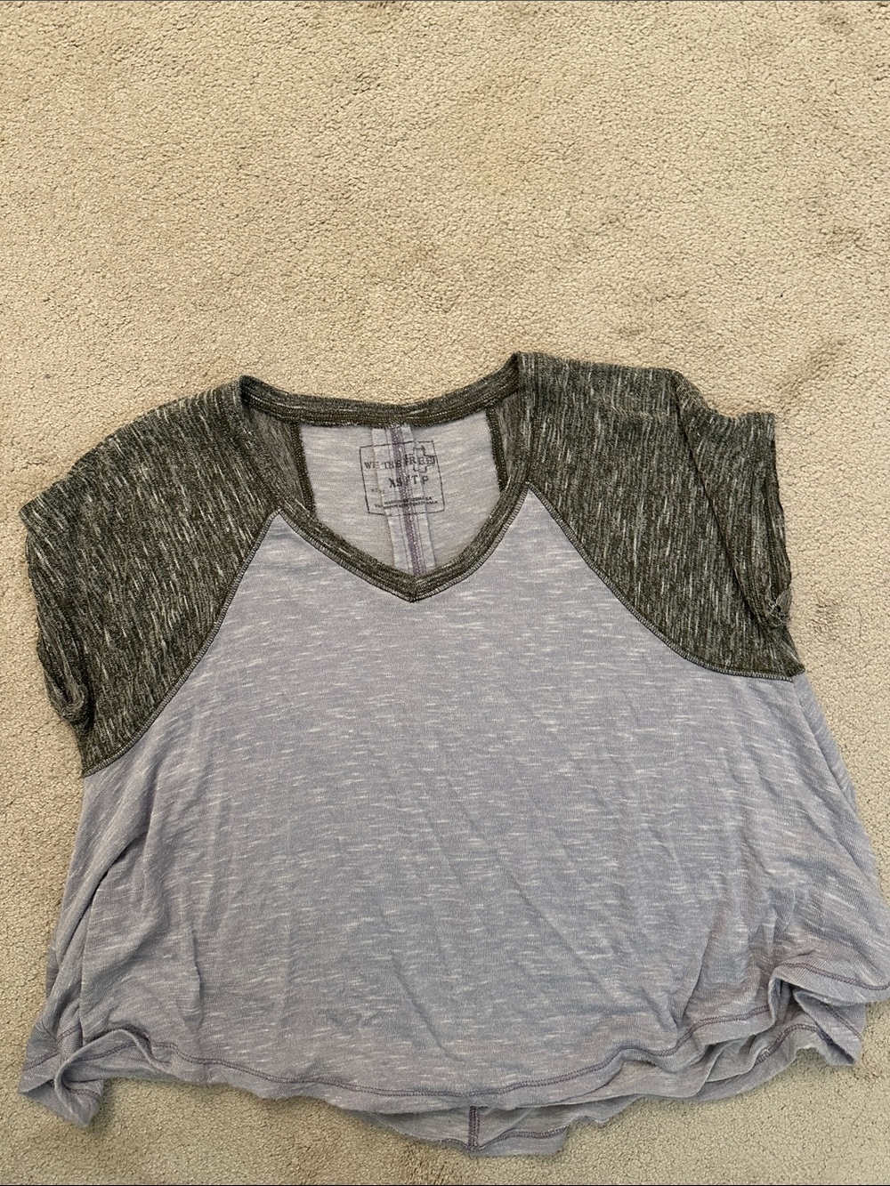 Free People Light Lavender and Charcoal Raglan V-Neck Tee